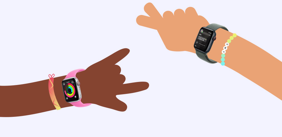 兩個卡通風(fēng)格的兒童手臂，各自戴著 Apple Watch SE，一個展示健身記錄圓環(huán)，另一個展示信息 app。