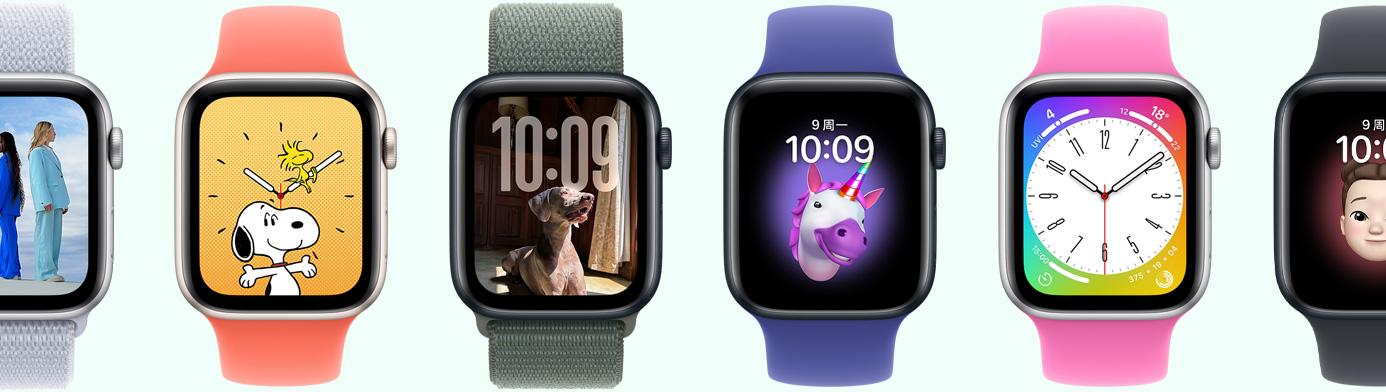 多只 Apple Watch 展示各種表盤選擇