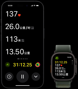 Apple Watch Ultra 2 和 iPhone 上的實時活動同時展示某人的單車訓練指標。