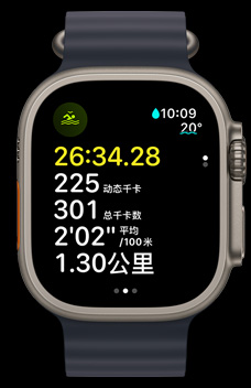 Apple Watch Ultra 2 屏幕上顯示在開放水域的游泳時長、卡路里和配速。