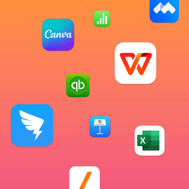 彩色背景之上有多款生產(chǎn)力 app 的圖標，包括 Slack、Canva、Zoom、Quickbooks、Keynote 講演、Excel、Square 和 Numbers 表格。