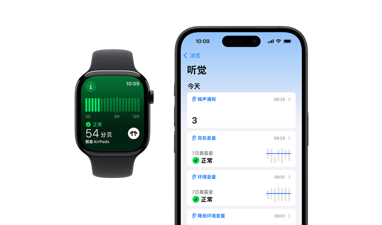 Apple Watch Series 10 搭配黑色運(yùn)動(dòng)型表帶，用戶界面顯示正在測量噪音；旁邊是一部 iPhone 16，用戶界面顯示聽覺部分的環(huán)境音量和環(huán)境。
