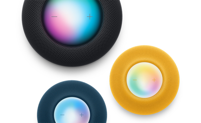 藍色 HomePod mini、午夜色 HomePod 和黃色 HomePod mini 的俯視圖。Siri 已激活。