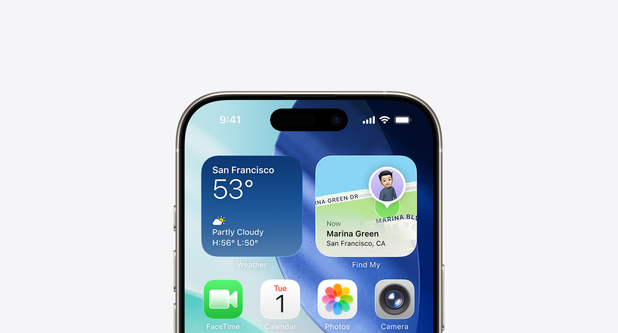 畫(huà)面顯示 iPhone 的上部，展示主屏幕，最上面一排是“天氣”和“查找”小組件。