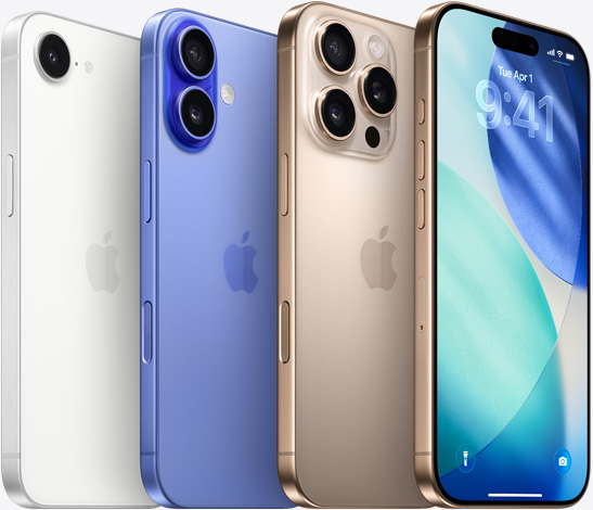 層疊排列的白色 iPhone 16e、群青色 iPhone 16 和沙漠色鈦金屬 iPhone 16 Pro，展示帶攝像頭的一側(cè)；最上面的沙漠色鈦金屬 iPhone 16 Pro，展示鎖定屏幕。