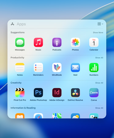 聚焦功能的瀏覽菜單分類顯示 app，分別為：建議、效率、創(chuàng)意、信息和閱讀。