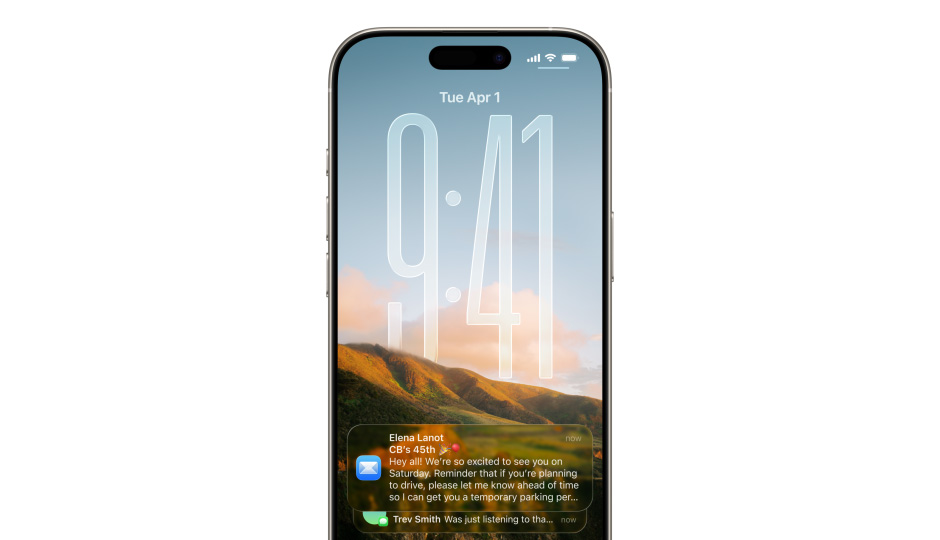 iPhone 鎖定屏幕，包含照片、以 Liquid Glass 顯示的數(shù)字時間、屏幕底部顯示的兩則通知。