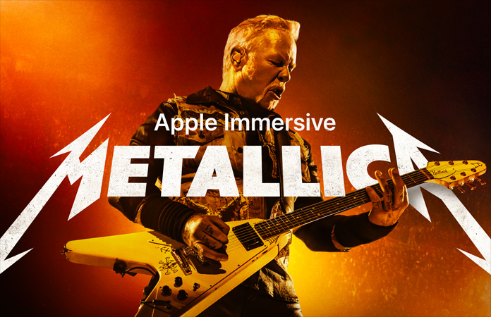 吉他手的畫面，上面有白色“Apple Immersive”和“Metallica”字樣。