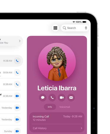 iPad 屏幕右前方展示電話 app 中的聯(lián)系人名片，其中包含“信息”、“呼叫”等選項。