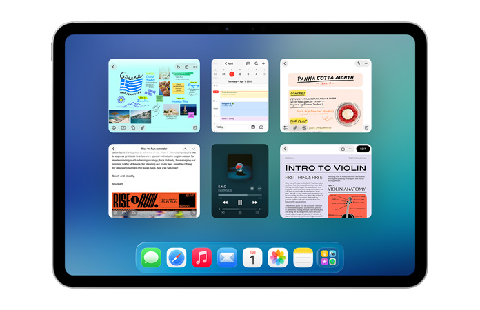 橫屏放置的 iPad，屏幕展示六個打開的窗口，排列成兩行，包括日歷 app、備忘錄 app、Apple Music 和 Safari 瀏覽器。