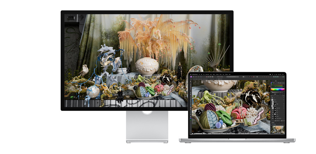 14 英寸 MacBook Pro 和 Studio Display 并排放置，屏幕上展示 Affinity Photo 中的一個(gè)項(xiàng)目。