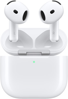AirPods 4 懸浮在充電盒上方，盒蓋打開。