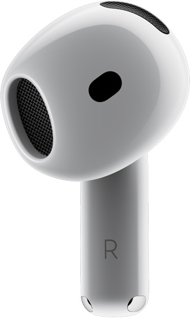 AirPods 4，展示 AirPods 的正面視圖，配有橫線指向“入耳超貼合”文字。