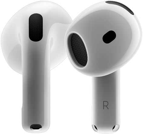 兩只 AirPods 4 圍繞彼此旋轉(zhuǎn)，在多個不同角度停下來。