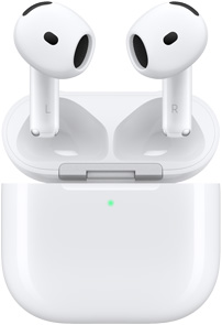 AirPods 4 充電盒打開(kāi)，展示懸浮在充電盒上方的 AirPods。