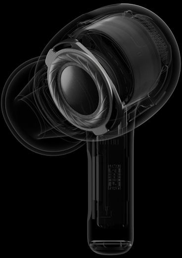 AirPods Pro 的內(nèi)部透視圖，重點(diǎn)展示位于耳機(jī)揚(yáng)聲器邊的定制驅(qū)動(dòng)單元和放大器。