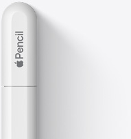 圖片展示 Apple Pencil USB-C 的尾部，具有圓潤(rùn)的末端、Apple 標(biāo)志和 Pencil 字樣。 靠近末端處有一條線，表示筆帽可由此推動(dòng)打開，內(nèi)部端口用來與 USB-C 連接線相連。