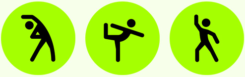 三個圖標(biāo)，分別表示體能訓(xùn)練 app 中的三個項目，整理放松、瑜伽和舞蹈。