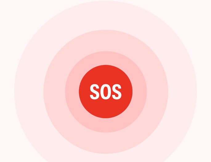 紅底白字的 SOS 圖標(biāo)，紅色圓圈圖案向外輻射，顏色由深變淺。