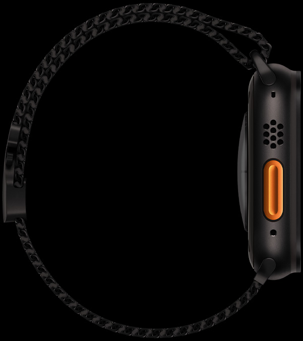 Apple Watch Ultra 2 的側(cè)面視圖，操作按鈕醒目地展示出來。