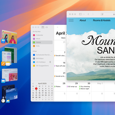 屏幕上顯示多個窗口和 app，有 Keynote 講演、Pages 文稿、郵件，以及一個網(wǎng)站頁面，內(nèi)容與寧靜修養(yǎng)勝地相關(guān)。