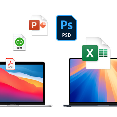 兩部 MacBook 并排擺放的正面視圖，分別展示不同顏色的桌面背景。在 MacBook 上方有多個文件圖標呈拱形排列，其中包括 Acrobat 文件、Quickbooks 文件、PowerPoint 文件、Photoshop 文件、Excel 文件。