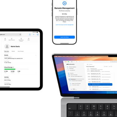 iPad、iPhone 和 MacBook 分別展示 Apple 商務(wù)管理功能的不同組成部分。