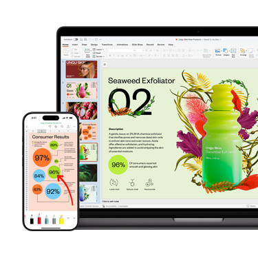 一臺 Mac 和一部 iPhone 的正面視圖，分別顯示同一個鮮艷多彩的演示文稿中的不同部分，內(nèi)容與一款護膚產(chǎn)品相關(guān)。