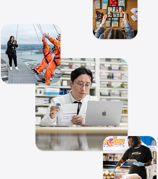 不同的小型企業(yè)，包括身著白大褂的藥劑師在使用 MacBook，蹦極教練用 iPhone 為兩個即將蹦極的人拍照，一名男子邊拿著 iPad 邊處理食物，一名女子用 iPad 為桌子上展示的襪子拍照。