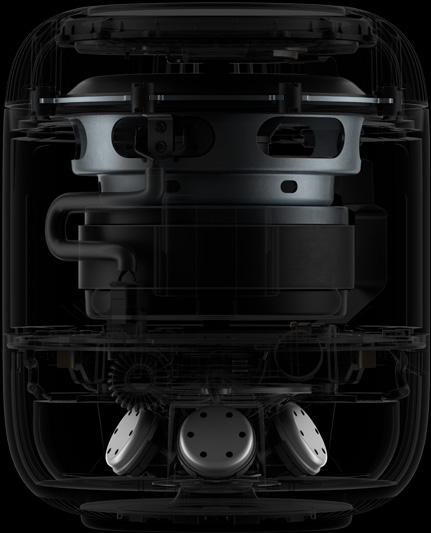 HomePod 側(cè)面內(nèi)部結(jié)構(gòu)圖，展示內(nèi)部主要組件