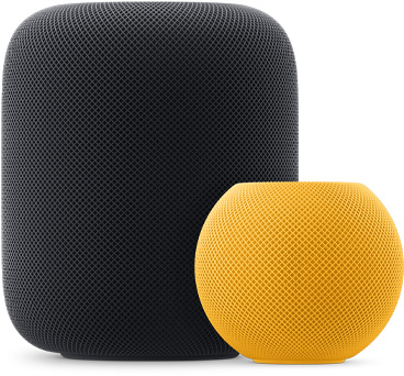 黃色 HomePod mini 在前，位于午夜色 HomePod 左側(cè)。