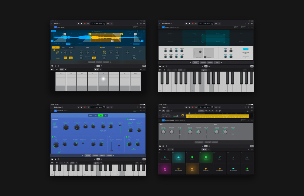 iPad Pro 展示使用 iPad 版 Logic Pro 對多個樂器音效進(jìn)行精細(xì)調(diào)整