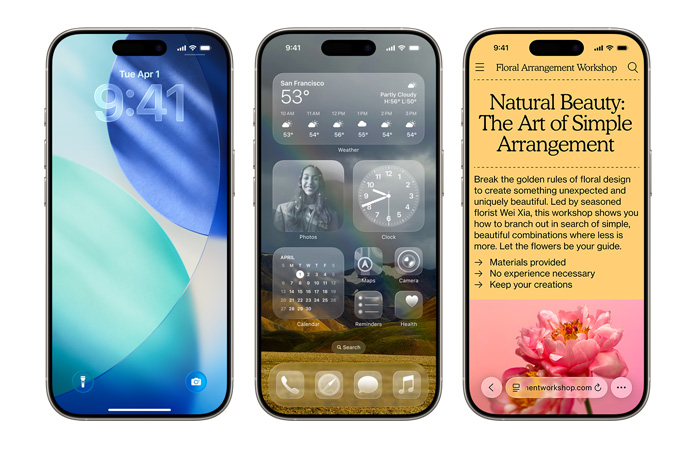并排放置的 iPhone，展示 iOS 的各種新設(shè)計(jì)元素，有鎖定屏幕上 Liquid Glass 的半透明時(shí)間數(shù)字，還有主屏幕上 Liquid Glass 的透明 app 圖標(biāo)。