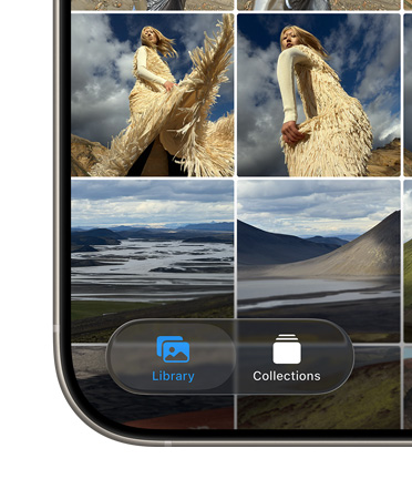 iPhone 屏幕的左下角，展示照片 app 中的的“圖庫(kù)”和“精選集”兩個(gè)標(biāo)簽頁(yè) ，并以全新的 Liquid Glass 設(shè)計(jì)呈現(xiàn)。