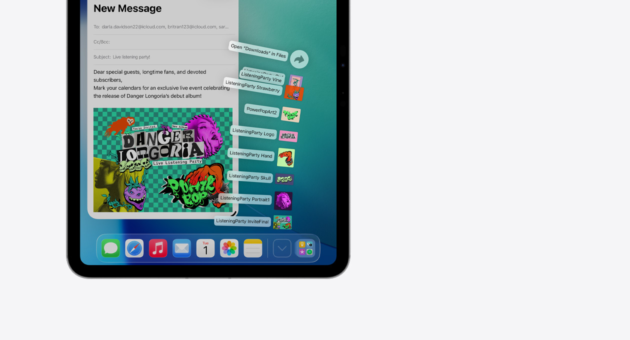Apple 設(shè)備底部程序塢中 app 的特寫，展示一系列文件呈扇狀縱向展開。