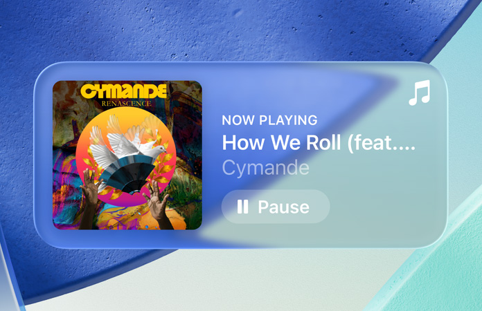 Apple Music app 中的半透明控制項折射出背景。