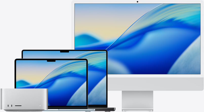 Mac 產(chǎn)品系列顯示 macOS Tahoe 墻紙，從左到右的機型依次為：Mac Studio、天藍色 13 英寸 MacBook Air、深空黑色 14 英寸 MacBook Pro 和銀色 24 英寸 iMac。
