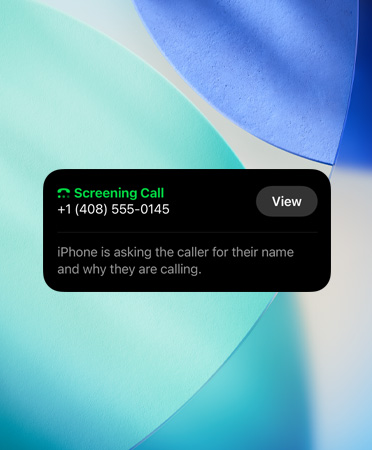 iPhone 的 app 小組件，顯示來(lái)電篩選功能，背景設(shè)置了新的 OS 墻紙。