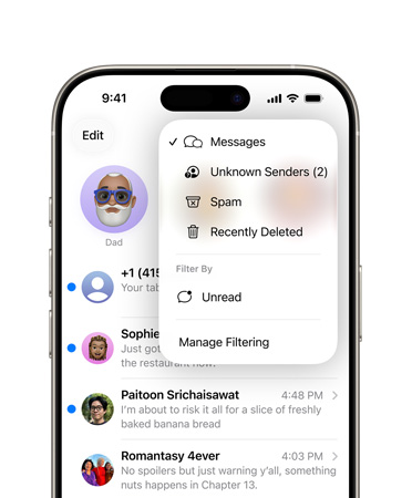 顯示 iPhone 上面三分之二的屏幕，展示信息 app 中的新篩選工具。現(xiàn)在，你可將未知號(hào)碼過(guò)濾并歸類(lèi)到“未知發(fā)件人”。
