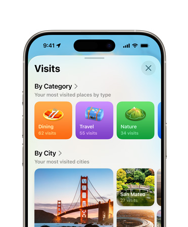 顯示 iPhone 的上半部分，展示地圖 app 中的曾去地點(diǎn)功能，以類(lèi)別和城市來(lái)分類(lèi)。