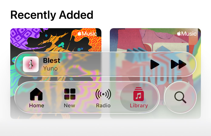 Apple Music 中的半透明控制項(xiàng)，與背景形成折射效果。