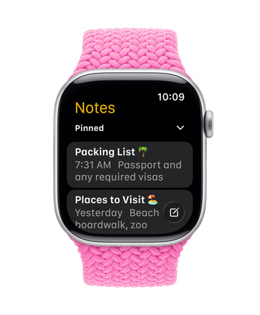 銀色 Apple Watch 搭配牡丹色編織表帶，表盤顯示備忘錄 app，其中有兩條置頂備忘錄。