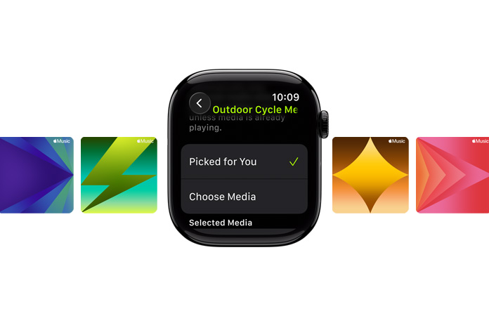 未搭配表帶的亮黑色 Apple Watch，表盤顯示“ Picked for You”和“Choose Media”選項(xiàng)，屏幕頂部有綠色字樣的“Outdoor Cycle”，圖片背景中還有特別設(shè)計(jì)的 Apple Music 墻紙。