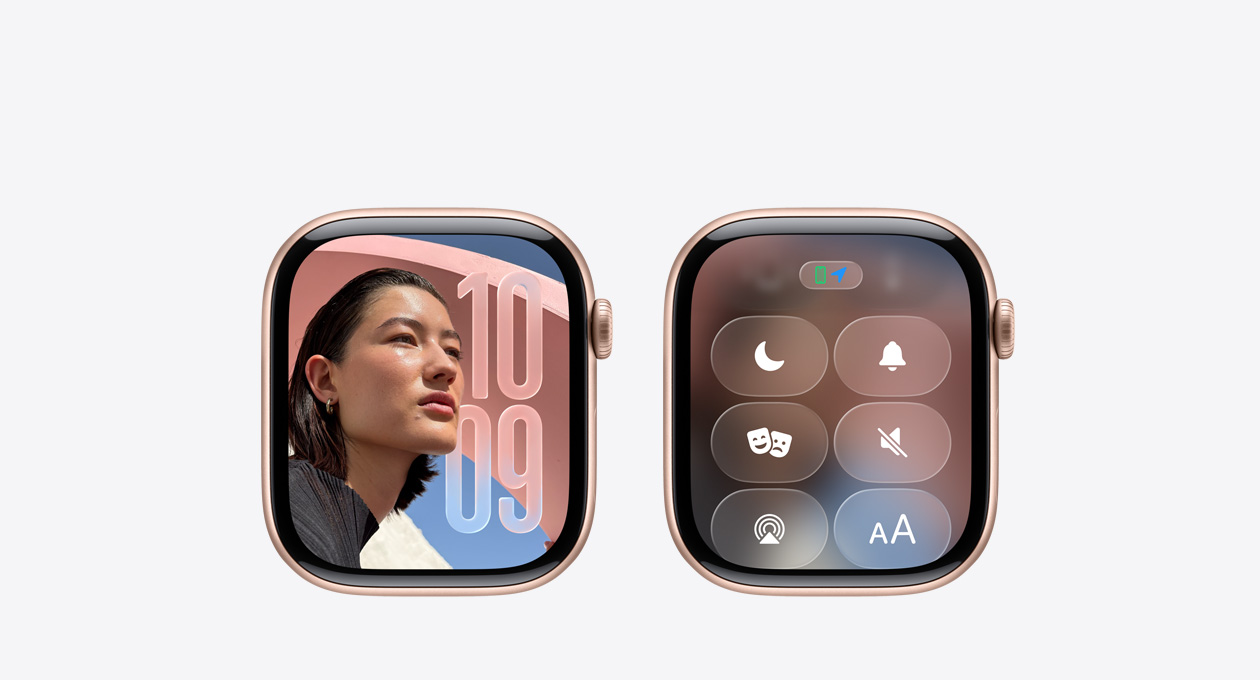 未搭配表帶的玫瑰金色 Apple Watch，表盤顯示時鐘 app，展示 watchOS 26 的全新 Liquid Glass 設(shè)計(jì)。