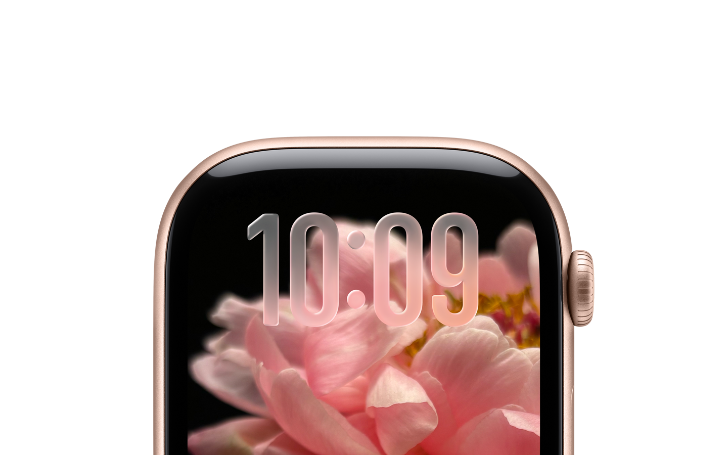 未搭配表帶的玫瑰金色 Apple Watch，只露出表盤上半部分，表盤頂部顯示半透明  Liquid Glass 設(shè)計(jì)的時間數(shù)字。
