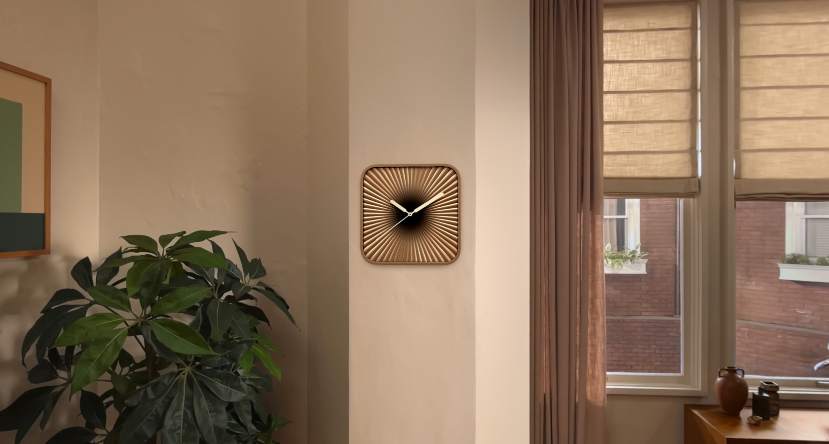 通過 Apple Vision Pro 看到時(shí)鐘小組件在現(xiàn)實(shí)空間墻上的特寫。