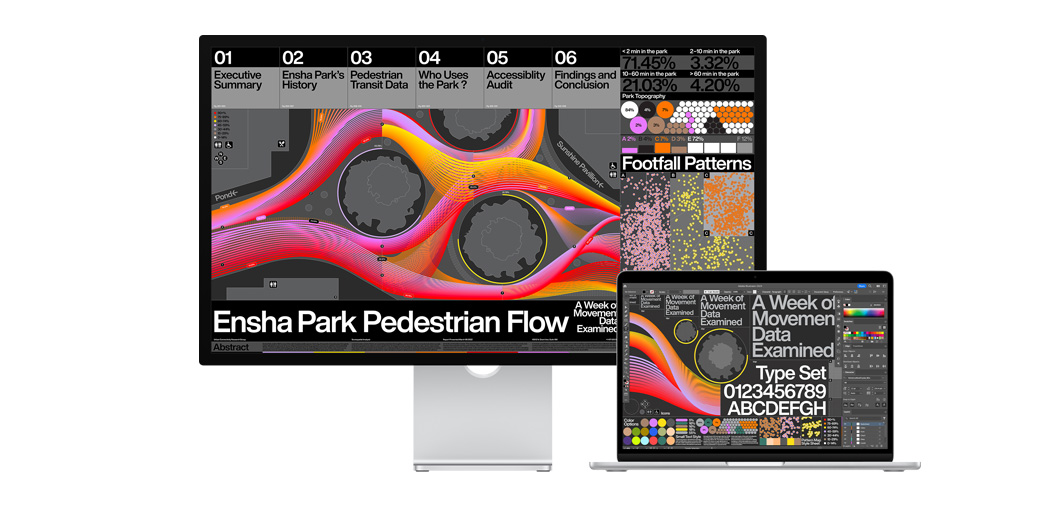 13 英寸 MacBook Air 和 Studio Display 并排放置，屏幕上展示 Adobe Illustrator 中的一個(gè)項(xiàng)目。