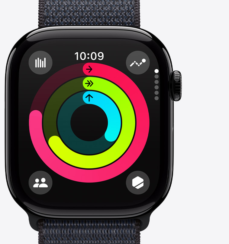 Apple Watch Series 10 的正面視圖，屏幕顯示健身記錄圓環(huán) app。