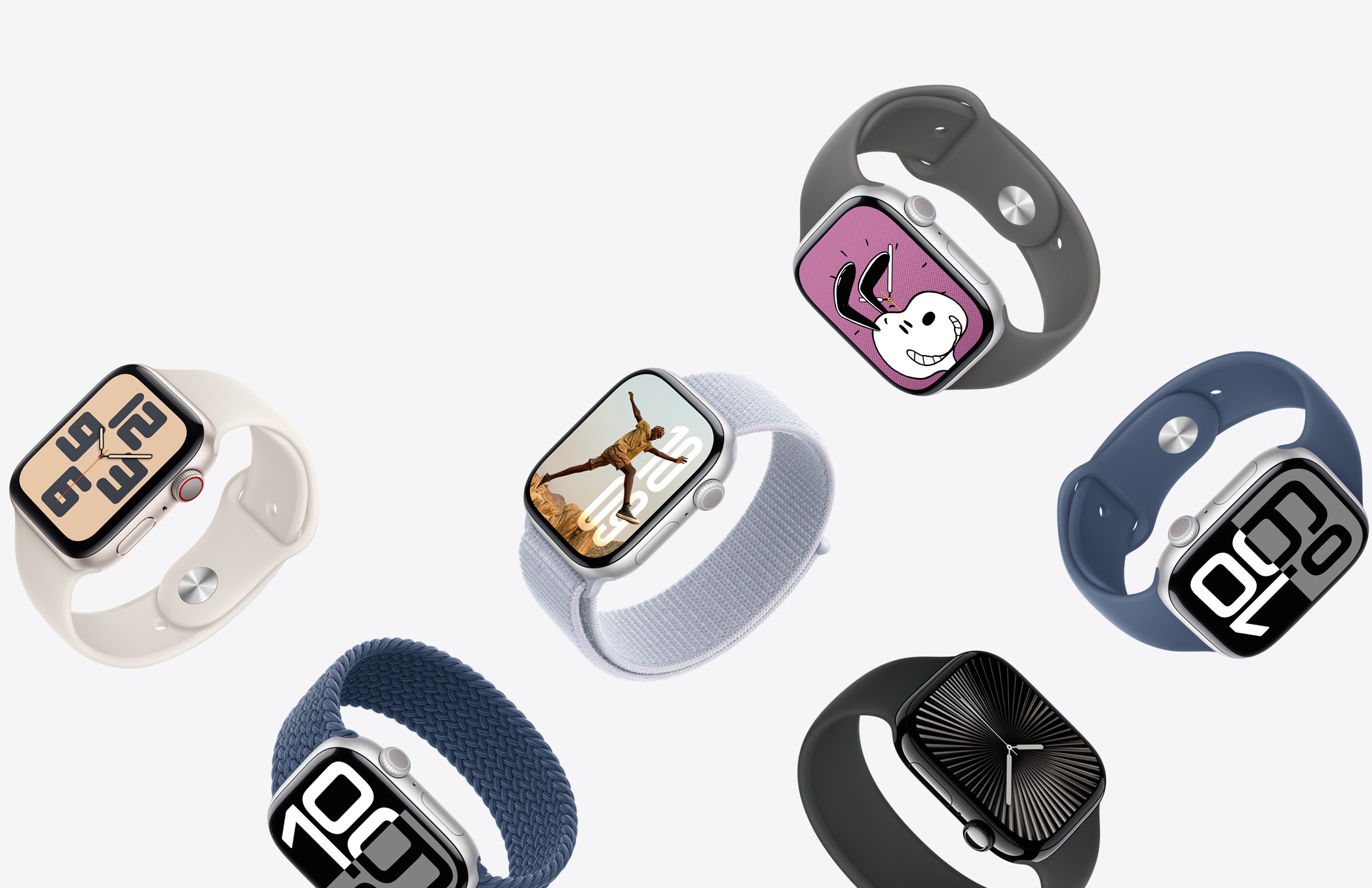 一系列 Apple Watch，表殼外觀以及表帶顏色和材質(zhì)都各不相同。