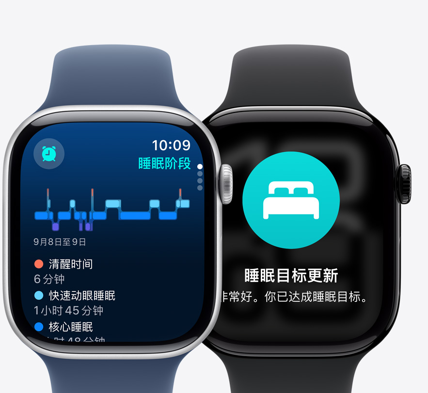兩只 Apple Watch Series 10 的正面視圖，屏幕分別顯示睡眠階段和“睡眠目標(biāo)更新”。